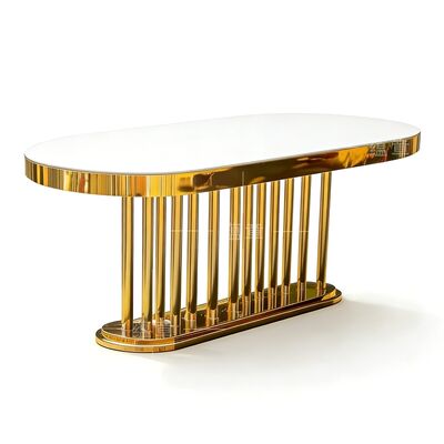 سعر جيد طاولة طعام طويلة من الفولاذ المقاوم للصدأ بإطار ذهبي بيضاوي ومرآة بيضاء من الزجاج العلوي للفنادق وحفلات الزفاف الانترنت
