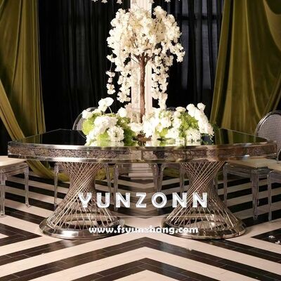 سعر جيد طاولة طعام بقاعدة مزدوجة مع سطح زجاجي مرآة وقطع مركزية ذهبية لحفلات الزفاف والفنادق الانترنت