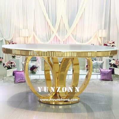 سعر جيد طاولة طعام مستديرة من خشب MDF أبيض بقاعدة معدنية من الفولاذ المقاوم للصدأ الذهبي، مناسبة لحفلات الزفاف والمناسبات والفنادق الانترنت
