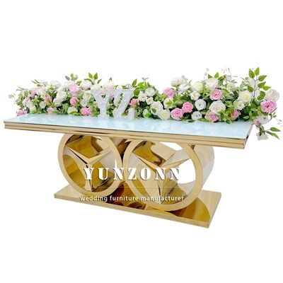 سعر جيد طاولة طعام مستطيلة ذهبية حديثة مع قاعدة بنز أثاث حفلات زفاف فاخرة للاستخدام في الهواء الطلق والفنادق الزجاج / MDF فوق الانترنت