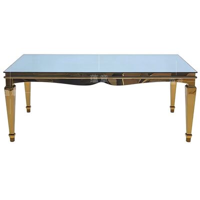 سعر جيد طاولة طعام حديثة من الفولاذ المقاوم للصدأ مستطيلة من الذهب ميا طاولة طعام ضيفية مع زجاج متشدد الانترنت