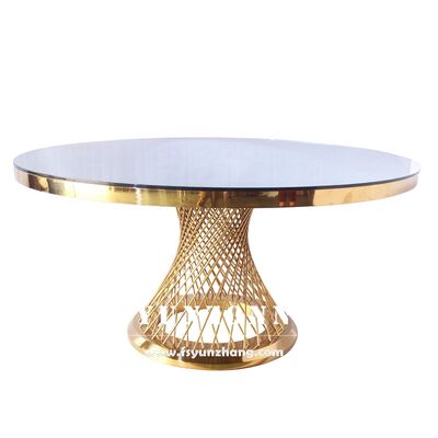 سعر جيد طاولة حفلات فاخرة من الفولاذ المقاوم للصدأ والزجاج بتصميم شبكي ذهبي لقاعات الولائم لحفلات الزفاف الانترنت