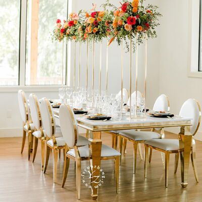 سعر جيد طاولة طعام حديثة من الذهب الفولاذ المقاوم للصدأ الزجاج المرجح للفنادق حفلات الزفاف الأحداث في الهواء الطلق للمطاعم الانترنت