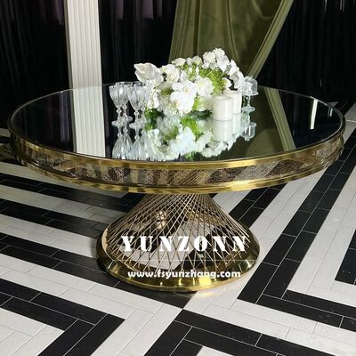 سعر جيد طاولة طعام حديثة من الفولاذ المقاوم للصدأ مع زجاج متشدد وقاعدة معدنية للأحداث في الهواء الطلق للفنادق والزفاف الانترنت