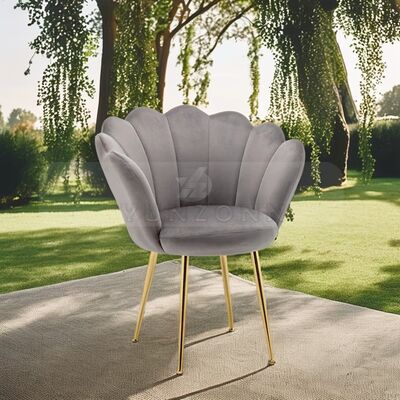 سعر جيد كرسي طعام مخملي رمادي بتصميم نورديك بظهر على شكل صدفة وساق ذهبية، كرسي بذراعين فردي لغرفة المعيشة والفندق والصالة الرياضية - معدن مبطن الانترنت