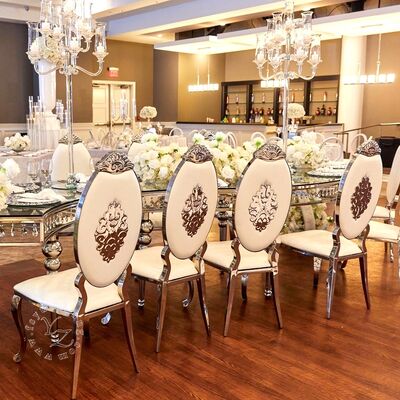 سعر جيد كرسي خلفي بيضاوي من الفولاذ المقاوم للصدأ باللون الذهبي الحديث مع الجلد لقاعة الطعام والفندق وحفل الزفاف بأسلوب معاصر للشقة الانترنت